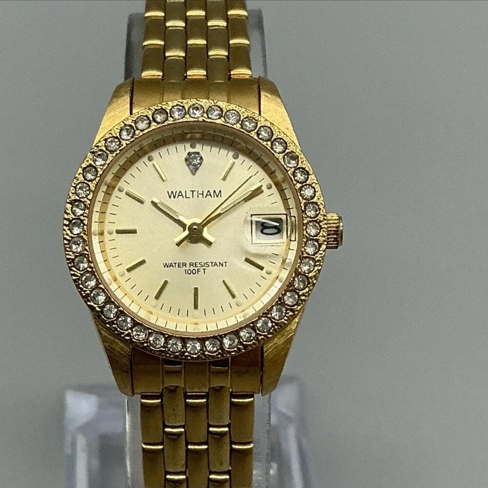 Waltham Womens Watch 24mm Gold Tone Bracelet Crystal Bezel Date New Battery 7.5